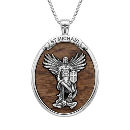 ONEFINITY Wooden Necklace Viking Wolf/St Benedict Medals/St Michael/Crucifix/St Christopher Pendant Necklace for Men Archangel Amulet Wooden Religious Jewelry Gifts for Men Women - style: St Michael-Round