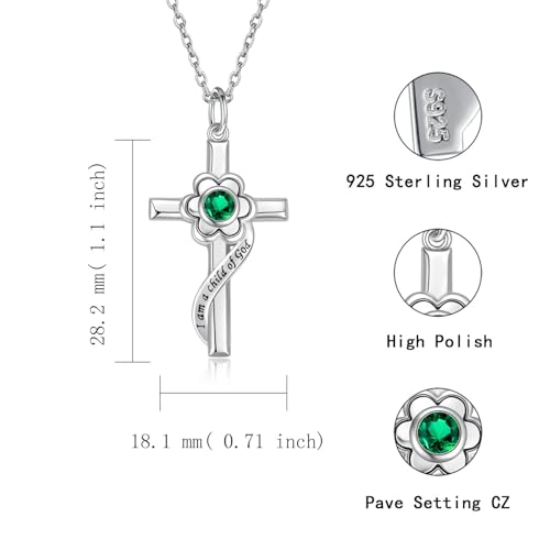 I am a Child of God Necklace - 925 Sterling Silver Birthstone Flower Cross Pendant Religious Jewelry Baptism First Communion Confirmation Gifts for Girls - style: May