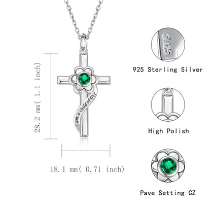 I am a Child of God Necklace - 925 Sterling Silver Birthstone Flower Cross Pendant Religious Jewelry Baptism First Communion Confirmation Gifts for Girls - style: May