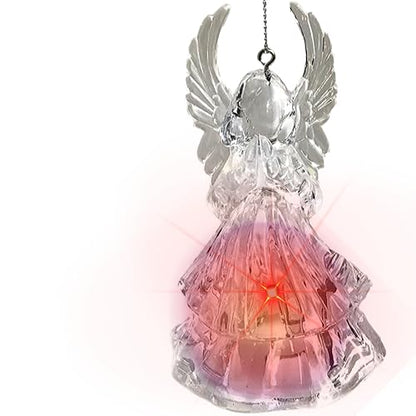 Lighted Acrylic Angel Christmas Ornaments Set of 4, Clear LED Angel Figurines with Reading Book, Horn, Harp & Praying Designs, 4.25 Inch Hanging Angel Tree Decorations, Religious Holiday Décor
