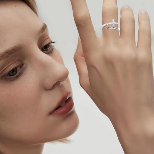 ROMANTICWORK Just Breathe Ring 925 Sterling Silver Cross/Lotus/Dandelion Adjustable Opening Ring Inspirational Jewelry for Women Birthday Christmas Gifts - style: Cross