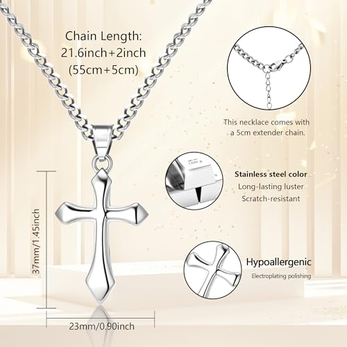 ALEXCRAFT Gold Cross Necklace for Men,14K Gold Plated Cross Pendant Necklace Cuban Chain Stainless Steel Cross Necklace Faith Cross Jewelry Gift Minimalist Trendy Pendant Necklaces - color: Silver