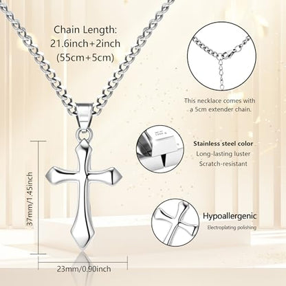 ALEXCRAFT Gold Cross Necklace for Men,14K Gold Plated Cross Pendant Necklace Cuban Chain Stainless Steel Cross Necklace Faith Cross Jewelry Gift Minimalist Trendy Pendant Necklaces - color: Silver