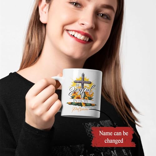 Customized Christian Mug With Name, Be Joyful In Hope Accent Cup, Custom Sunflower And Cross Design Mug, Personalized Religious Ceramic Cup, Christian Themed Mug 11oz Or 15oz - color: TRI-1223-1144-BE JOYFUL IN HOPE MUG