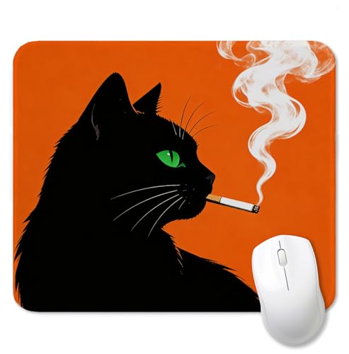 Funny Black Cat Mouse Pad for Desk, Black Cat Lover Gifts, Mid Century Modern Kitty Mousepads with Anti-Slip Rubber Base for Computer Laptop Home Office Desk Accessories, 9.5x7.9 Inch - color: Square mouse pad-Smoking Cat