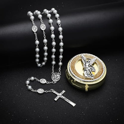 KOMI 6mm Glass Pearl Rosary Beads Catholic for Women with Metal Rosary Box Religious Gifts - style: St Michael-white
