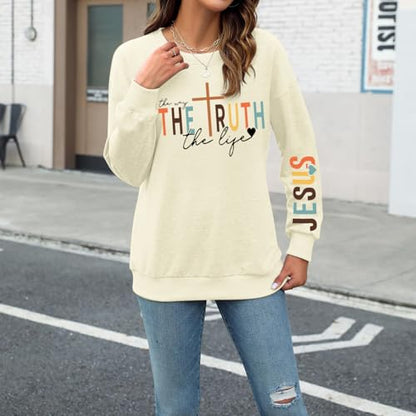 Tuislay Christian Sweatshirt Womens Jesus God Pullover Bible Verse Crewneck Sweatshirts Religious Cross Graphic Shirts - color: Apricot, size: XX-Large