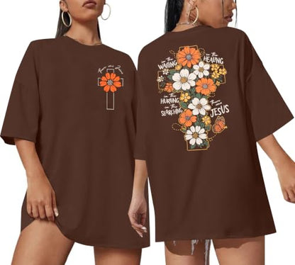Christian Shirts Women Oversized Jesus God T Shirts Bible Verse Tees Tops - color: A-brown, size: Small