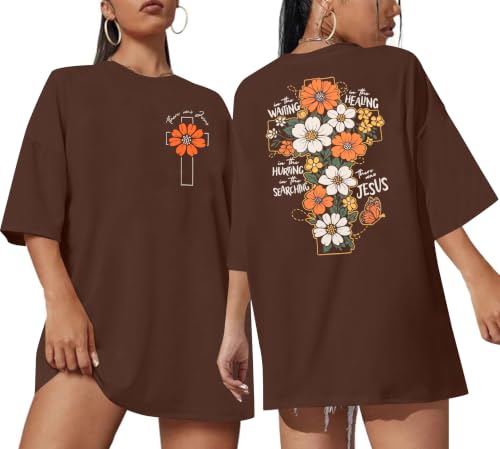 Christian Shirts Women Oversized Jesus God T Shirts Bible Verse Tees Tops - color: A-brown, size: X-Large