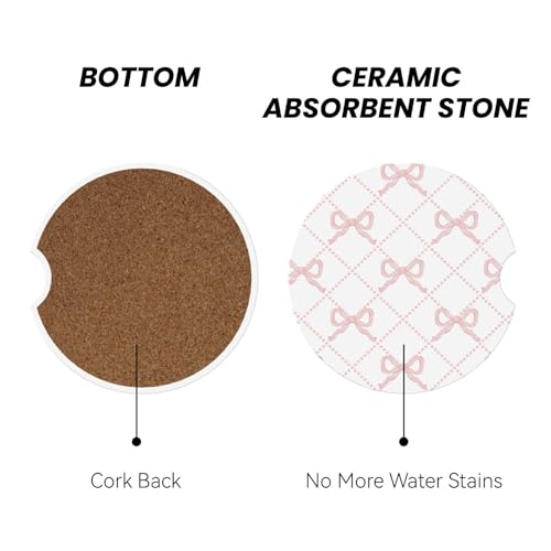 Pink Bow Car Coasters for Cup Holder Absorbent Ceramic Cup Coaster 2 Pack Anti Slip Car Interior Accessories with Finger Notch Cork Base for Women Men 2.56" - color: Pink Bow