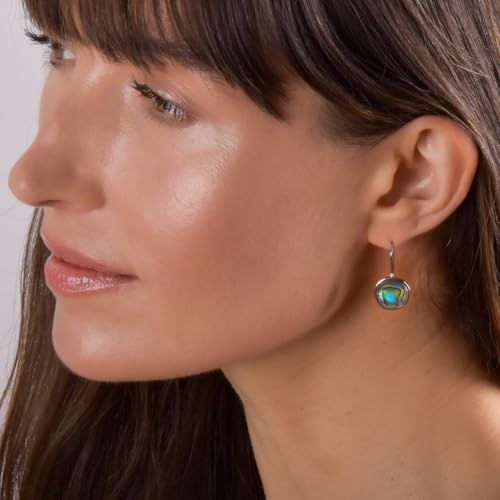 Abalone Earrings for Women - Dainty Drop Bezel Dangle Earrings - color: 12mm - 925 Sterling Silver Plated