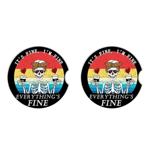 Funny Skull with Coffee Ceramic Cup Holders Car Coasters Set for Women/Men,2.56" 2 Pack for Absorbent Cup Car Holders, Coasters with A Finger Notch - color: Funny Skull With Coffee
