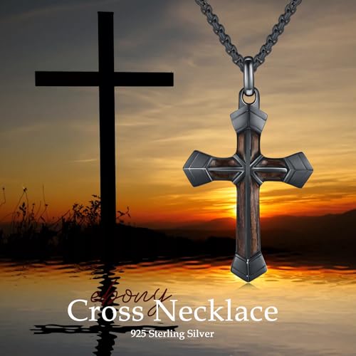 Cross Necklace for Men 925 Sterling Silver Cross Ebony Wooden Ankh Raven Praying Hands Crucifix Amulet Religious Jewelry Gifts for Men Women - color: Cross1