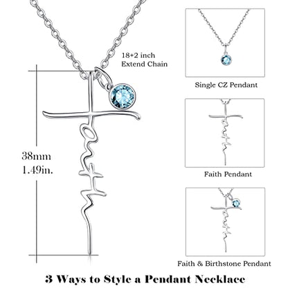 PRAYMOS Faith Cross Necklace for Women 925 Sterling Silver Pendant Necklace With Birthstone Initial Christian Religious Confirmation Baptism Mothers Day Gifts - color: 2-Silver March(Aquamarine)
