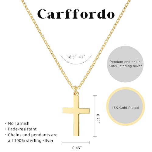 Carffordo 925 Sterling Silver Cross Necklace, Dainty Necklace for Women - style: 16k Gold Plated Cross Necklace