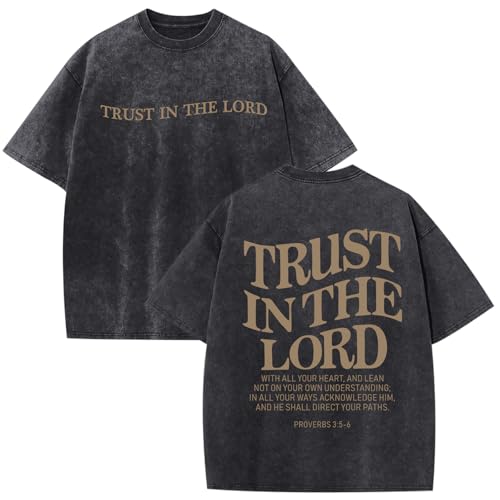 Wrenpies Mens Oversized Christian Shirts God Faith Jesus Religious Tshirts Trust in The Lord Bible Verse Tees Acid Wash Tops - color: Black, size: X-Small