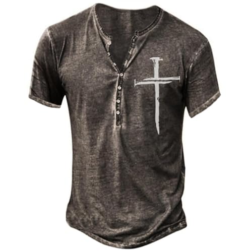 Mens Henley Shirts Vintage Washed Short Sleeve Button T-Shirts for Men Casual Summer Tops S-2XL - color: Brown-yh, size: X-Large