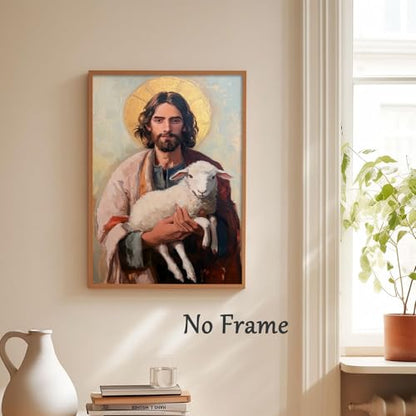 Jesus Holding Sheeps Canvas Wall Art Good Shepherd Poster Jesus And Lamb Print Christian Easter Pictures Abstract Christ Artwork Picture Of Christ Portraits The Sheep Painting 16x24in No Frame - color: A3Unframed