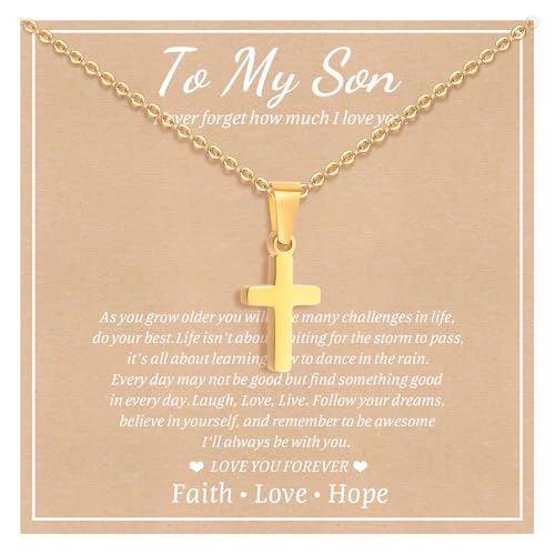 Gold Plated/Silver/Black Cross Chain Necklace Gifts for Boys Girls Son - color: Gold, style: To my son