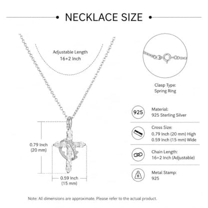 925 Sterling Silver Cross With Crown Necklace for Women 16+2 Inch - color: Silver