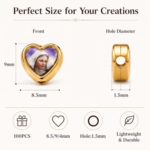 100pcs Heart Shape Our Lady Jesus Cross Saint Mary with Medal Rosary Beads DIY Necklace Bracelets Beads for Making Jewellery (Golden) - color: Golden