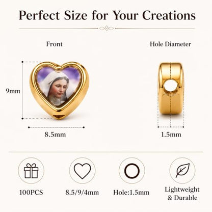 100pcs Heart Shape Our Lady Jesus Cross Saint Mary with Medal Rosary Beads DIY Necklace Bracelets Beads for Making Jewellery (Golden) - color: Golden