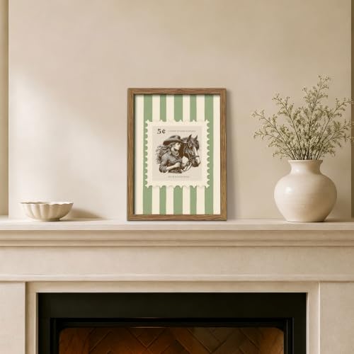 Cowgirl and Horse Wall Art Framed Canvas Print, Vintage Western Stamp Artwork Poster Painting, Rustic Farmhouse Country Wall Decor Picture for Living Room Bedroom Home Decor 12x16 Inch - color: A-Green Stamps, size: 16"L x 12"W