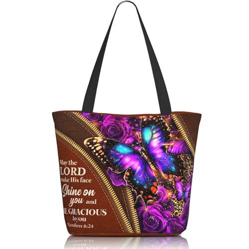 Bible Tote Bags for Women Christian Tote Bag Church Shoulder Bag Inspirational Bags With Zipper Christian Gift - color: The Lord Make His Face Shine