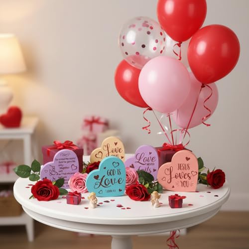 Funnymoom 6 Pcs Valentines Day Decorations Wooden Sign Christian Valentines Day Table Decorations Wood Heart Table Centerpiece Religious Bible Verses Tabletop Decor for Home Kitchen Office Desk Decor