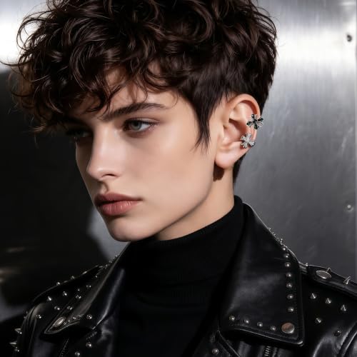 Gothic Cross Stud Earrings, Black & Silver Small CZ Jewelry for Women Men