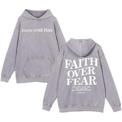 Christian Faith Over Fear Hoodies for Men Jesus Religious Graphic Sweatshirt Bible Verse Acid Wash Pullover Hoodie - color: Gray, size: XX-Large