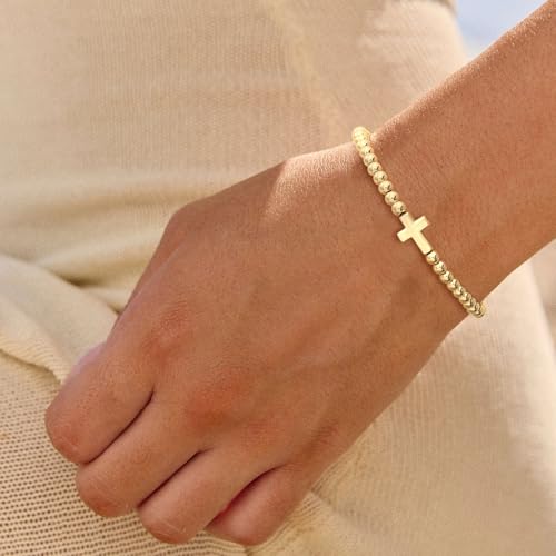 Gold Bracelets for Women 14K Gold Plated Bead Bracelet Hypoallergenic Stretch Bracelets for Women Elastic Bracelet Trendy Teen Gift Dainty Jewelry for Women - style: Cross