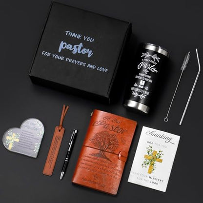 Pastor Gifts, Pastors Appreciation Gifts 7pcs Set For Men, 20oz Tumbler Leather Journal Cards Signs Pen Bookmark for Christian Christmas Birthday Retirement Anniversary - style: Pastor