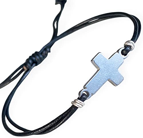 Store Mens Cross Bracelet Genuine Leather and Stainless Steel Sideways Cross Charm Adjustable Unisex Model