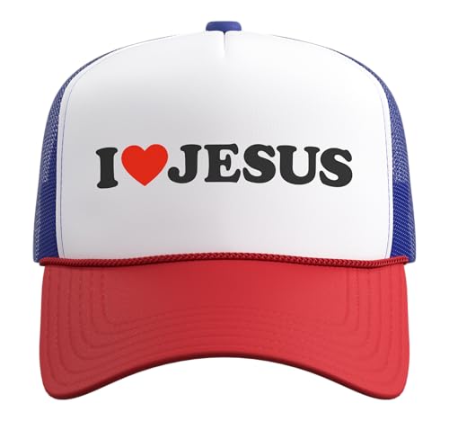 I Heart Jesus Christ Apparel Christian Trucker Hat with Adjustable Mesh Back - color: Red/White/Royal Blue