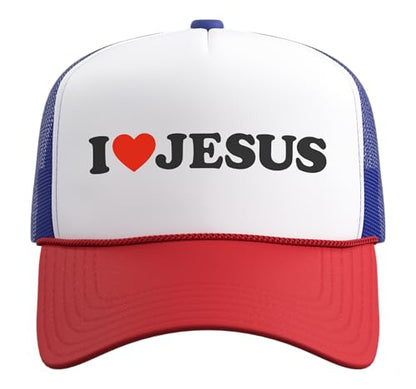 I Heart Jesus Christ Apparel Christian Trucker Hat with Adjustable Mesh Back - color: Red/White/Royal Blue