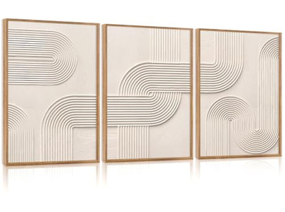 CHDITB 3D Textured Geometric Lines Framed Wall Art, Beige Relief Painting - color: 3d Line
