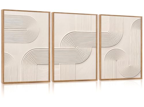 CHDITB 3D Textured Geometric Lines Framed Wall Art, Beige Relief Painting - color: 3d Line