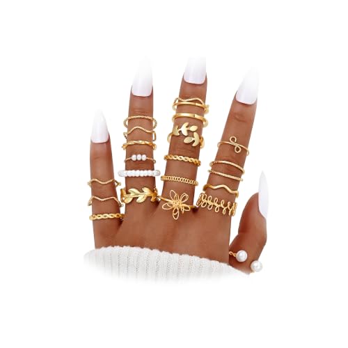 Gold Stackable Rings Set for Women, Gold Plated Chunky Crystal Finger Rings - color: Flower Gold