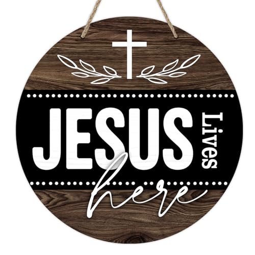Deroro Christian Jesus Lives Here Front Door Sign, Religious Faith Cross