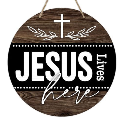 Deroro Christian Jesus Lives Here Front Door Sign, Religious Faith Cross