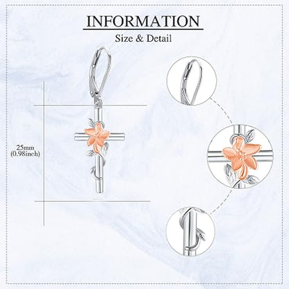 Flower Cross Earrings 925 Sterling Silver Daisy Butterfly Lily Violet Mushroom Dangle Drop Earrings Birth Flower Jewelry for Women Birthday Christmas Gifts - style: Lily Cross
