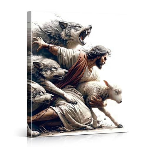 Christian Good Shepherd Wall Art Jesus Saves Lamb Canvas Print Framed - color: color-S