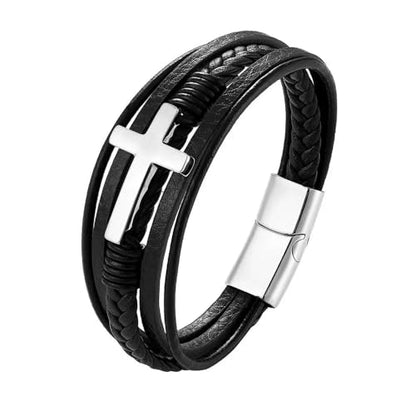 Fahonie Cross Leather Bracelet for Men Women 316L Stainless Steel with 18K Gold Plated Christ Jesus Multi-layer Handmade Christian Bracelet,7.5/8/9 Inches - color: Silver