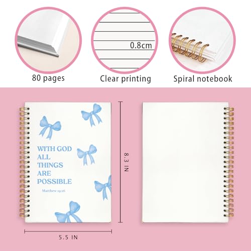 Preppy Blue Bow Christian Notebook Journal School Supplies for Women - color: Matthew 19:26 - Blue