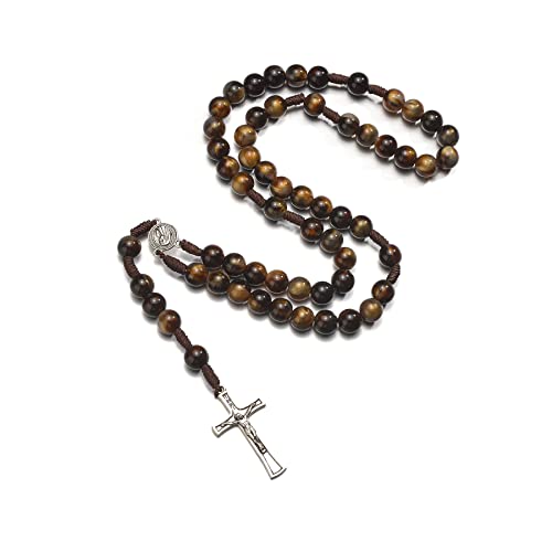 10mm Brown Beads Catholic Rosary Handmade Braided Rosaries with Curcifix Cross and Holy Mary Medal Amulet Rosary Beads Necklace for Women Men - color: Brown