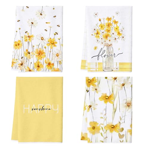 Floral Kitchen Towels Set of 4, Yellow Daisy Bee Dish Towels - color: Yellow Daisy