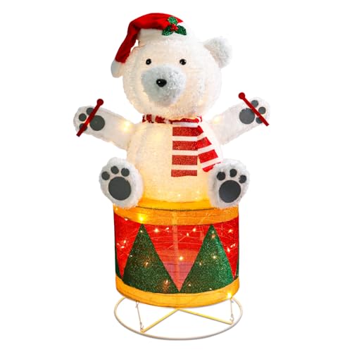 4 FT Lighted Christmas Drum Bear, Pre‑Lit Outdoor Yard Decor - size: 48''*31.5''