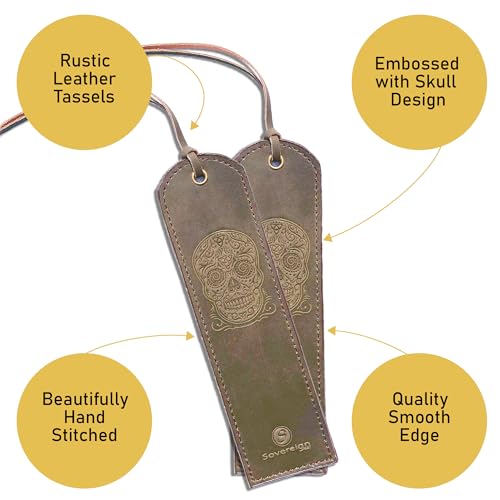 Leather Bookmark Handmade with Sugar Skull Heart Design - 2 Genuine Leather Book Marks for Reading - Unique Bookmarks for Men Women Girls | Gothic Book Lover Gifts for Bookworms Relatives and Friends - style: Skull