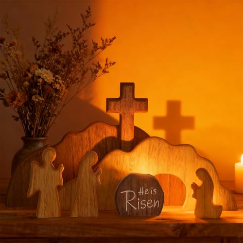 Glintoper Empty Tomb Easter Scene and Cross Decoration, 7pcs Wooden Easter Resurrection Scene Cross Jesus Tomb Tray Set, Tabletop Christian Gifts Jesus Nativity Scene Decor for Religious Home Office - size: 7 PCS